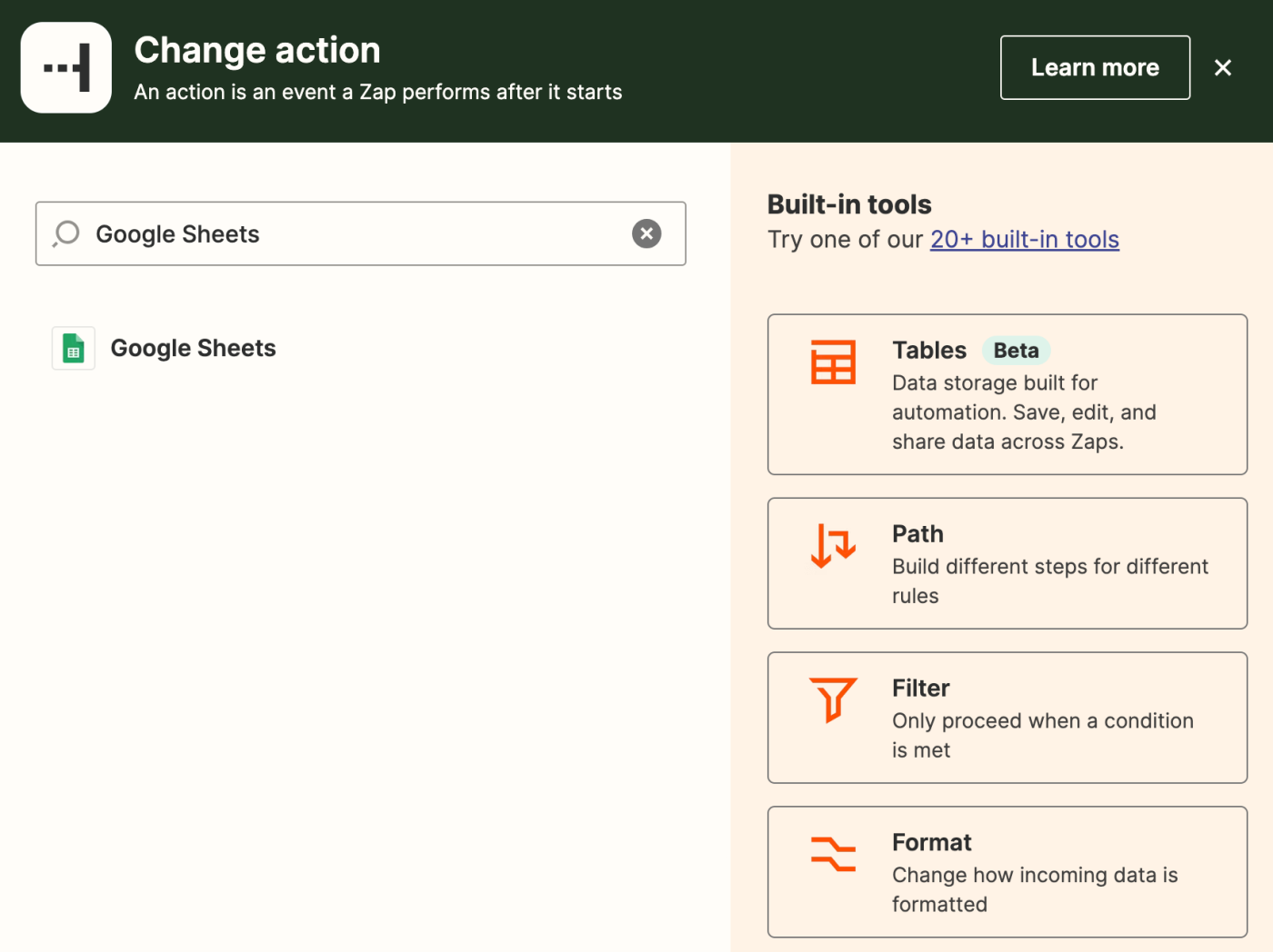 Screenshot of Google Sheets action in Zap editor