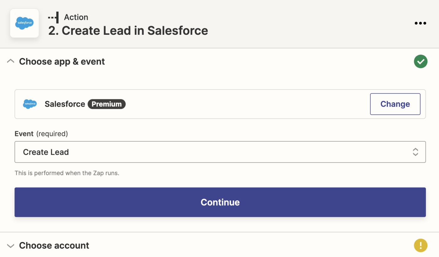 The Salesforce app logo above a field labelled Event with Create Lead selected.