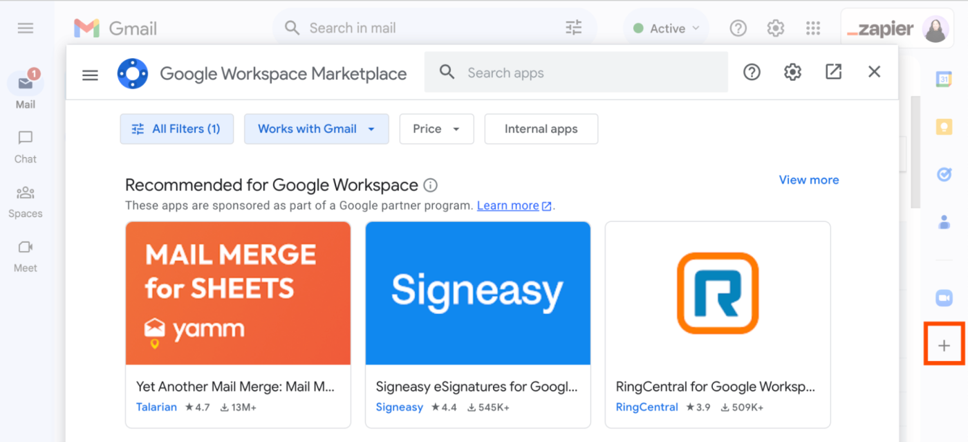 Google Workplace Marketplace pop-up window in Gmail.