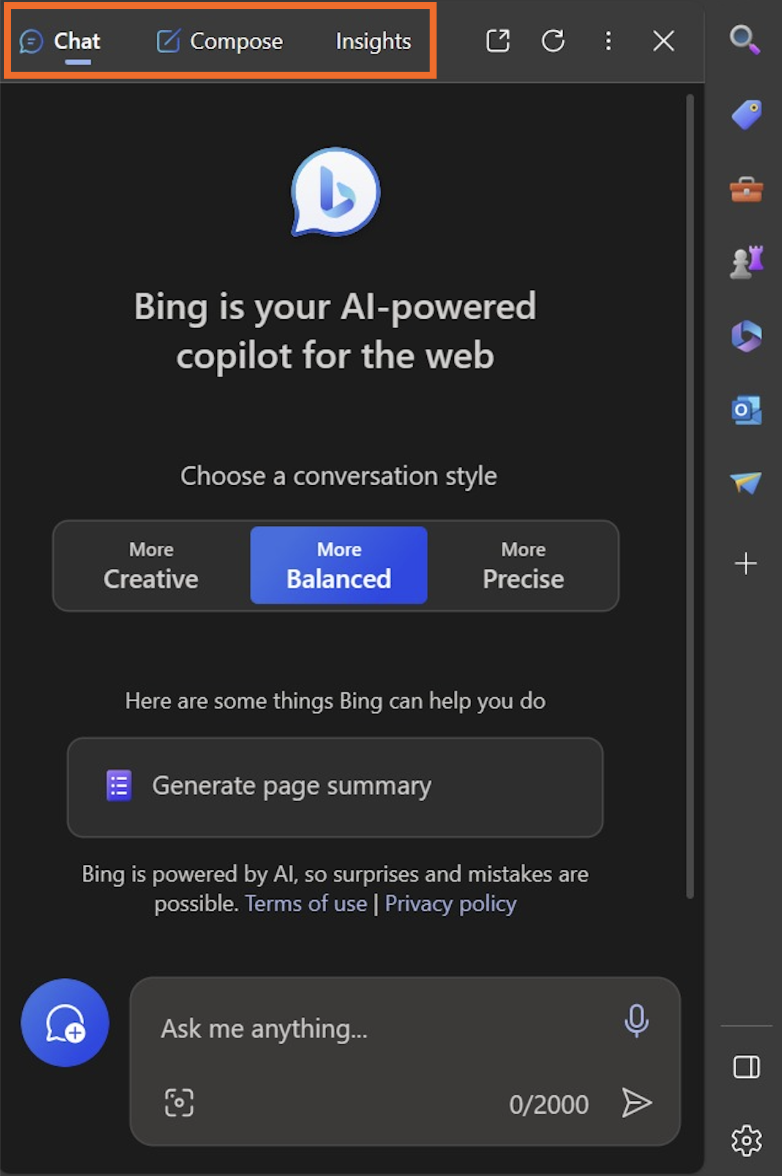Open conversation with Bing Chat in the sidebar of a Microsoft Edge browser.