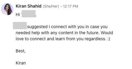 A LinkedIn message from Kiran mentioning a mutual connection