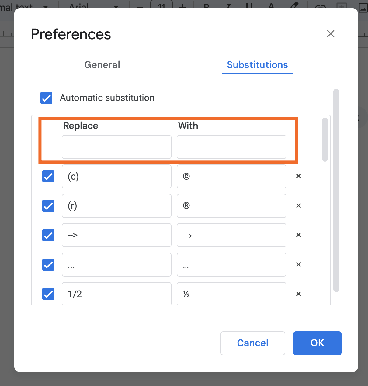 Blank row to fill in for Google Docs autocorrect