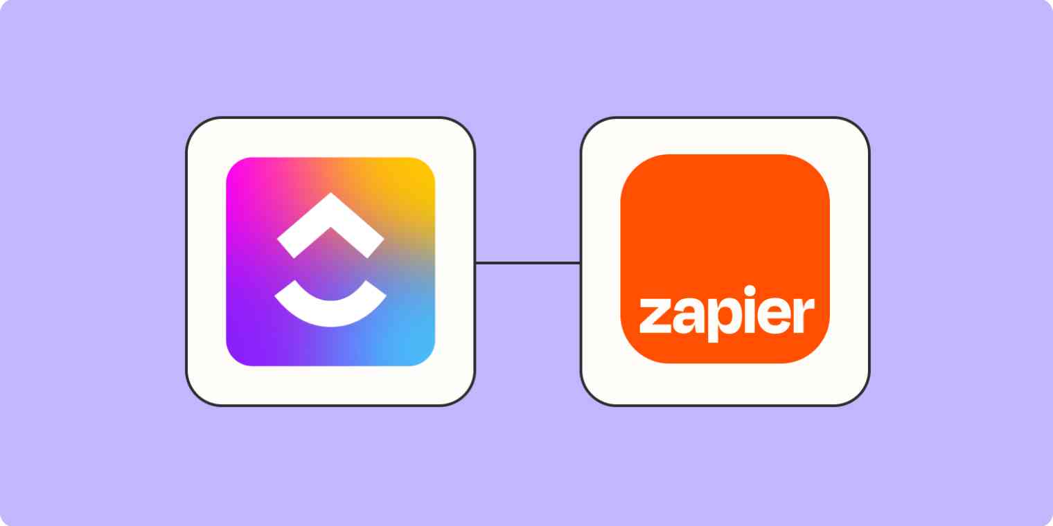 ClickUp logo and Zapier logo on an orange background.