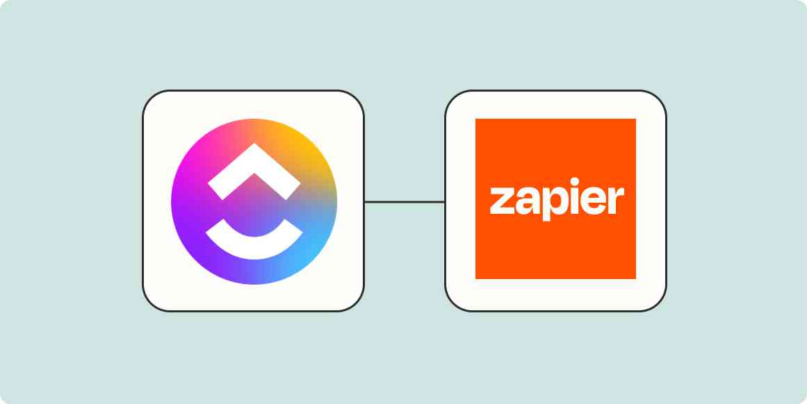 ClickUp logo and Zapier logo on an orange background.