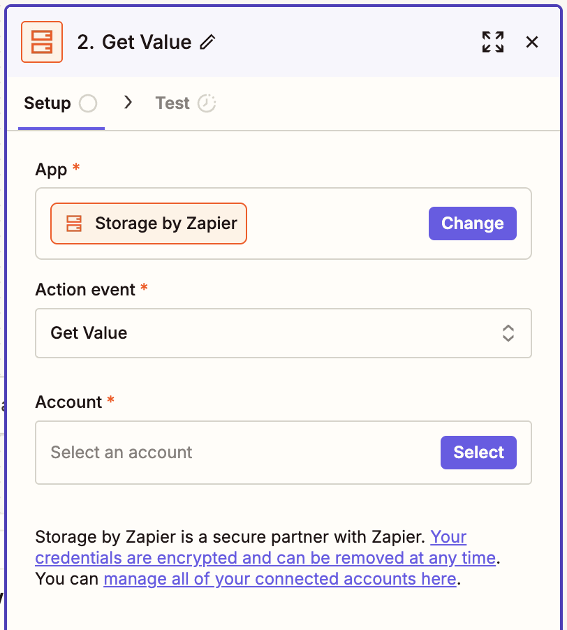 A window with options to select an app, action event, and account