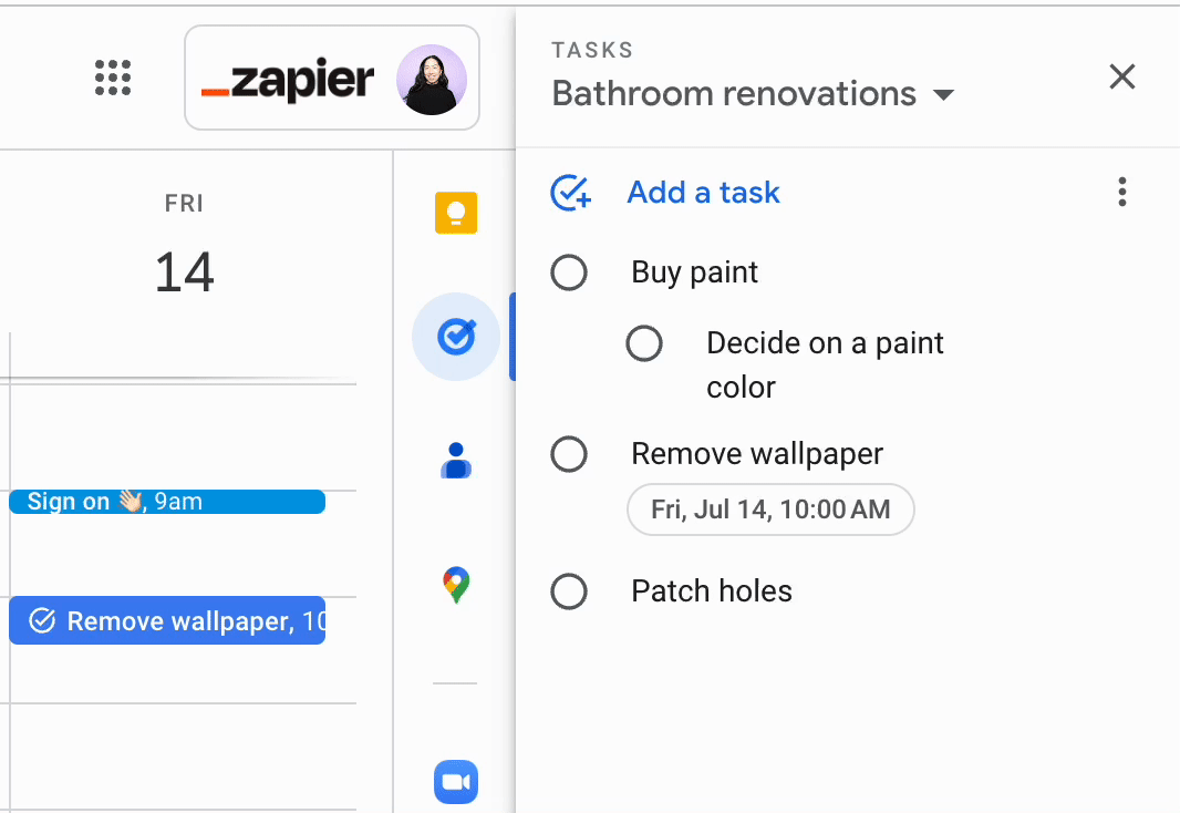 A subtask being dragged and dropped into a separate task within Google Tasks.