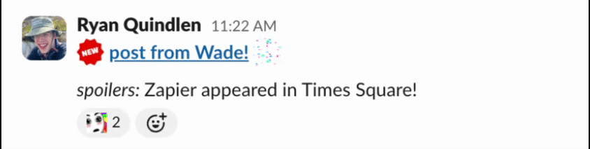Slack message with a wow custom Slack emoji reaction.