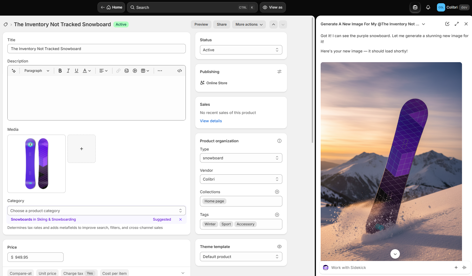Generating an image with Sidekick in Shopify