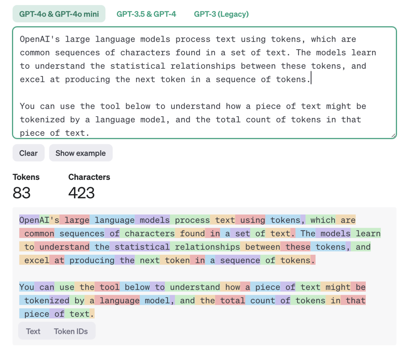 Block of text broken down into GPT-3 tokens and characters.