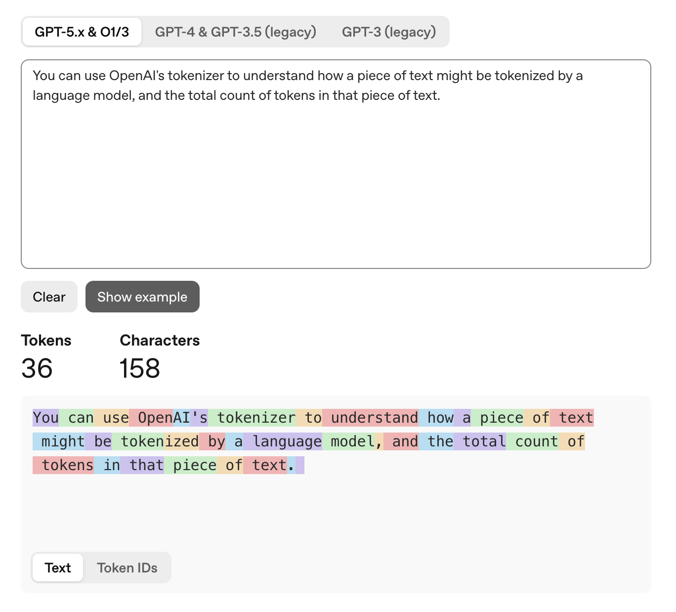 Block of text broken down into GPT-3 tokens and characters.