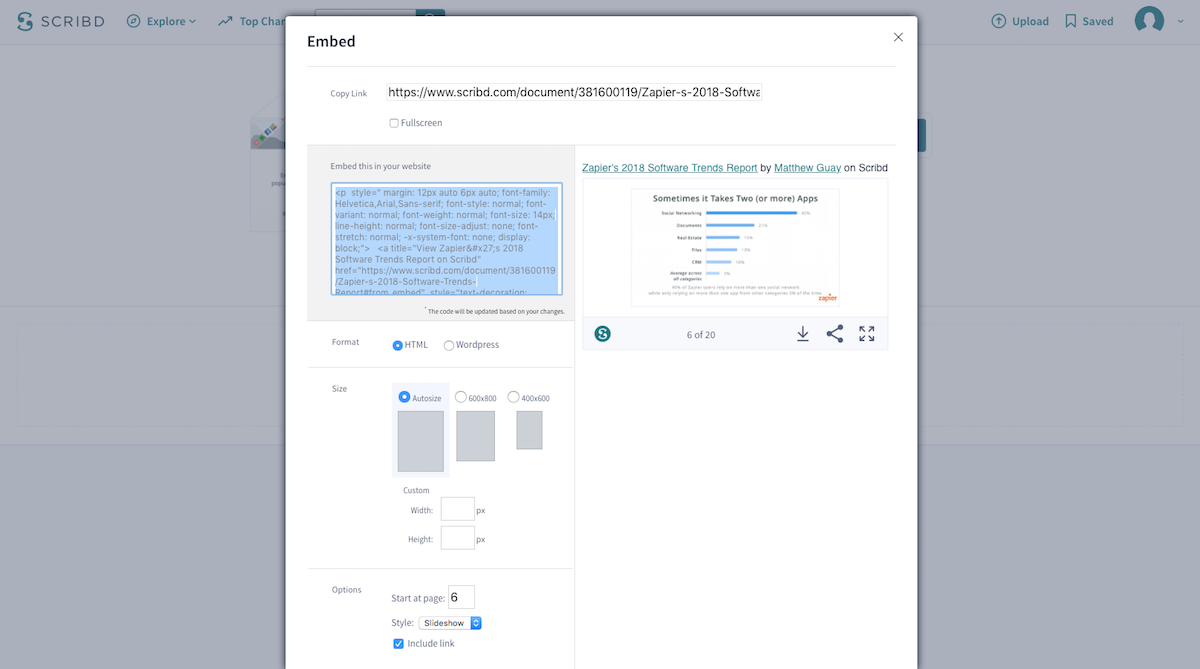 Scribd embed options screenshot