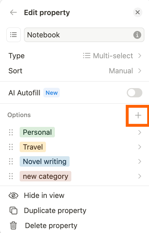 Adding a new multi-select option in the Notion note-taking template database.