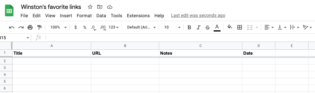 Example spreadsheet with title, URL, notes, and date columns