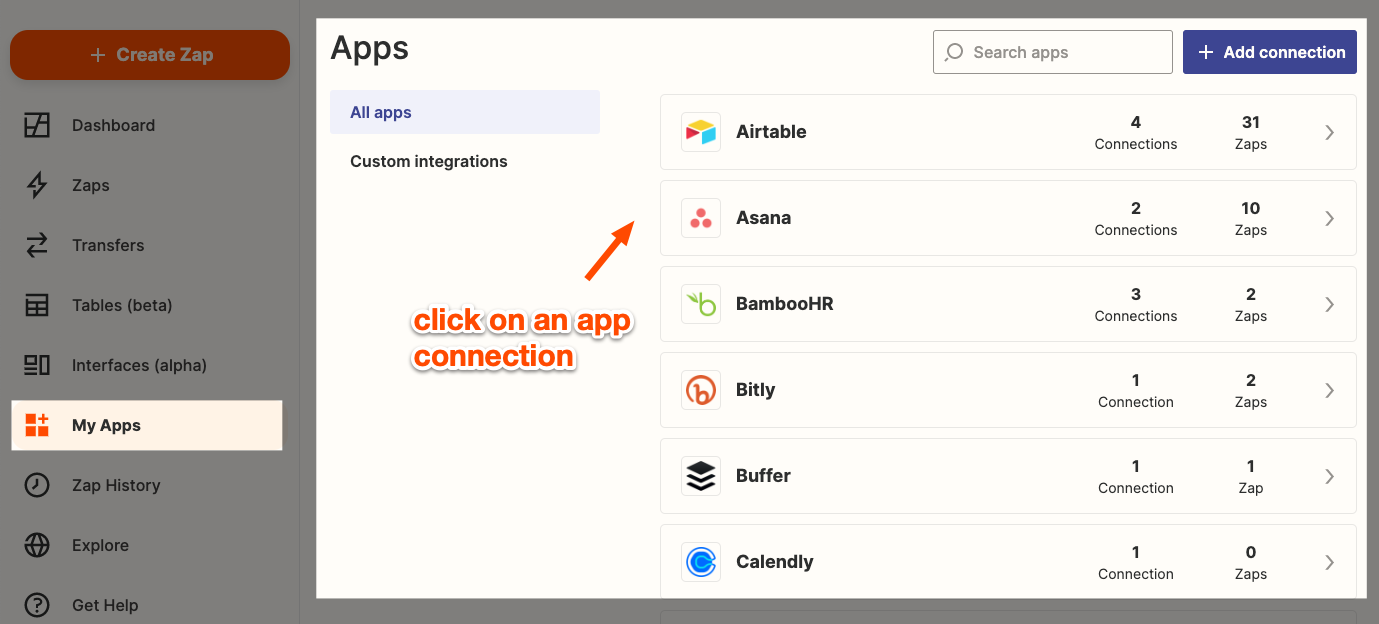 An orange arrow points to a specific Asana app connection to show where you should click to edit it.