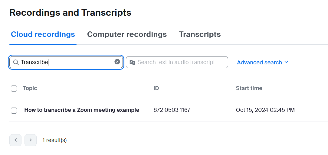 Screenshot of transcription search