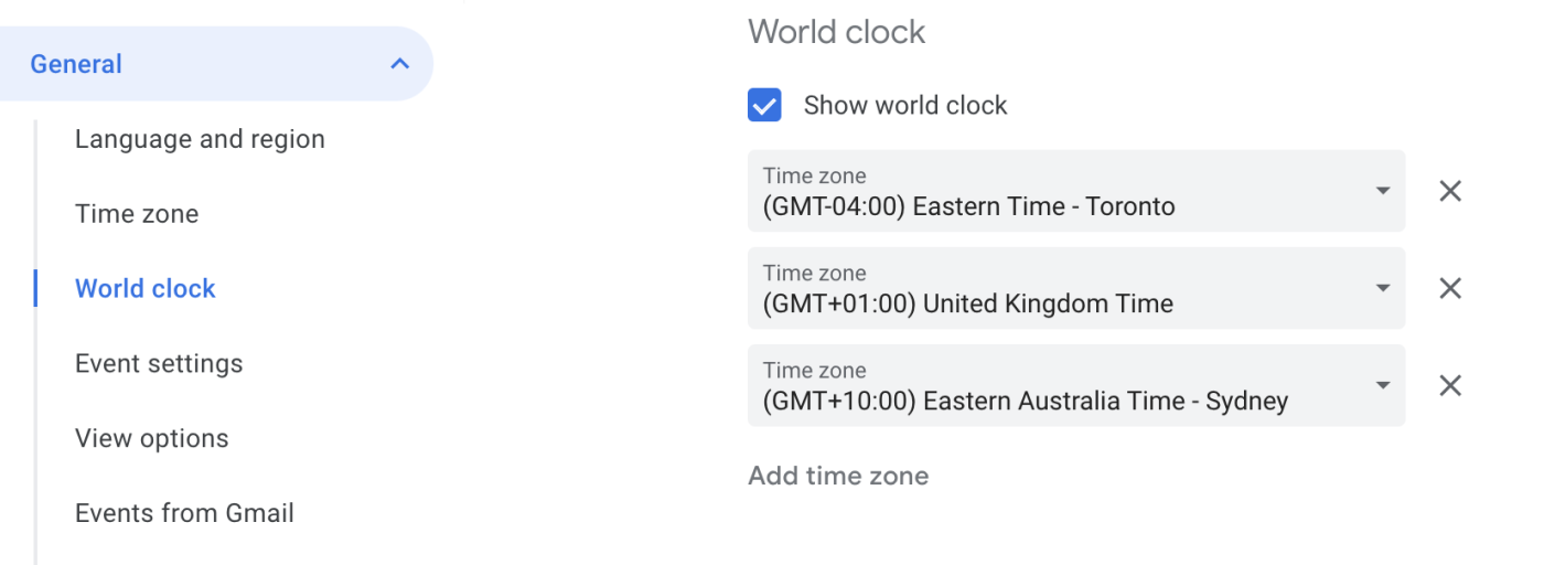The World clock section of the Google Calendar Settings page.