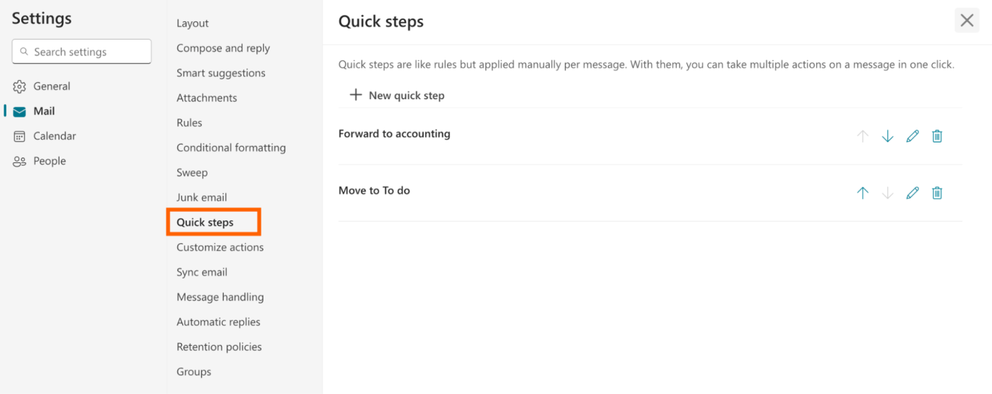 Quick Steps settings window in Outlook. 