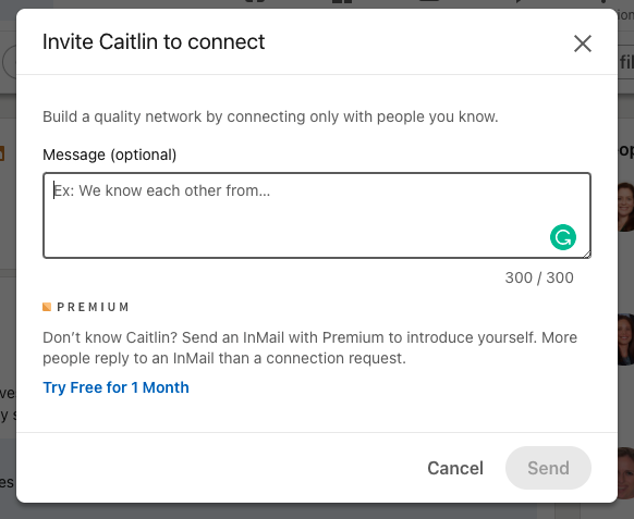 A screenshot of sending a connection request note on LinkedIn
