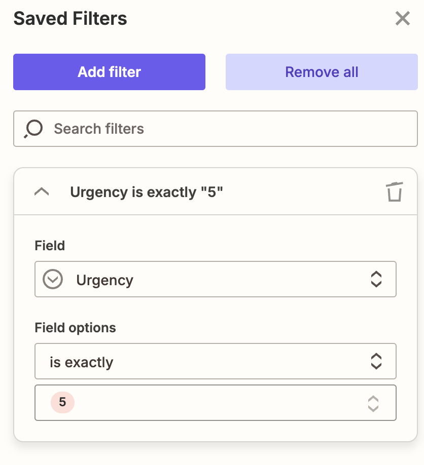 Screenshot of saved filters