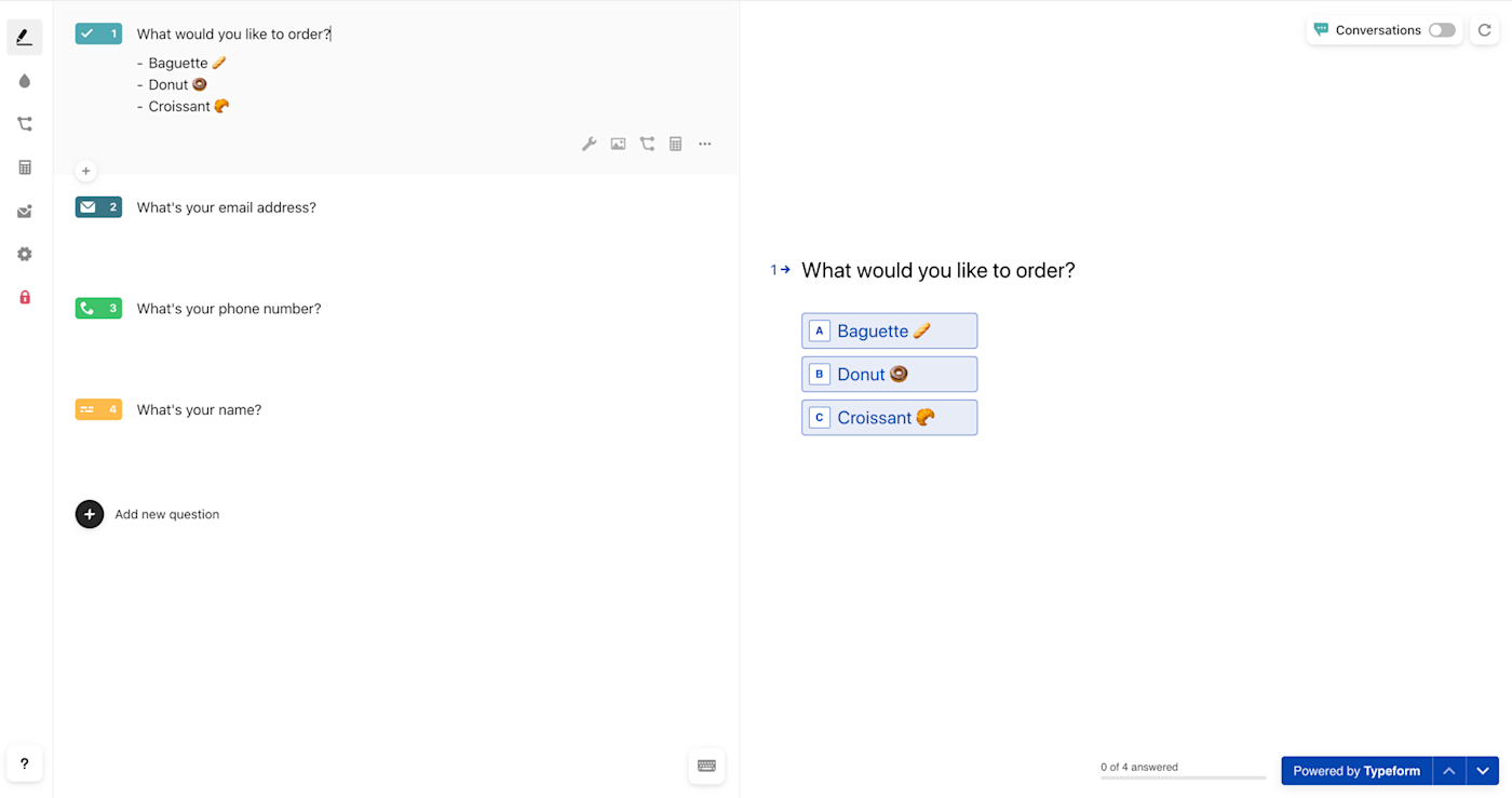 A Typeform form with options