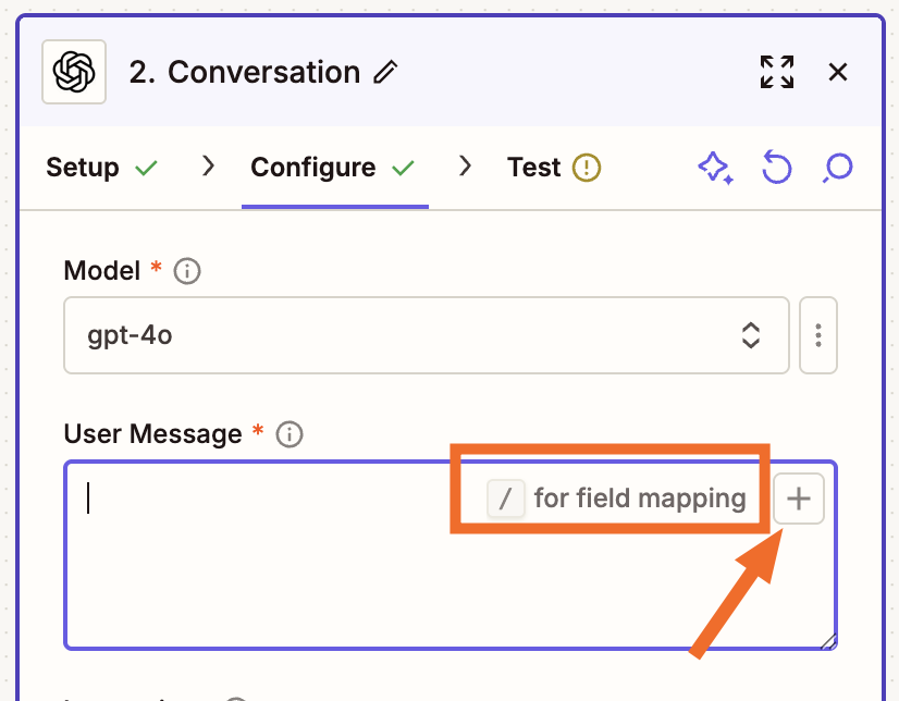 A configuration step in the Zap editor with an arrow to a plus sign