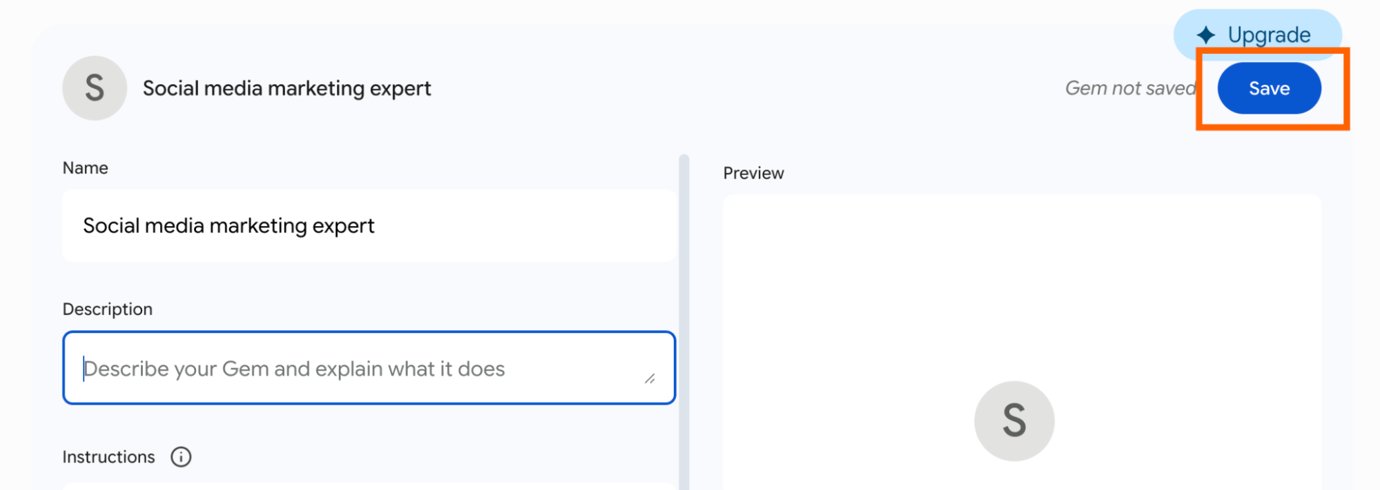 Gemini Gem editor with save highlighted.