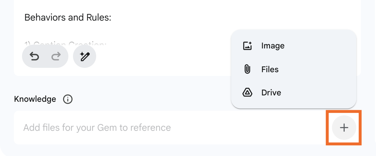 Gemini Gem editor with an expanded view of the add files menu. There are options to add images, files, or Google Drive files. 