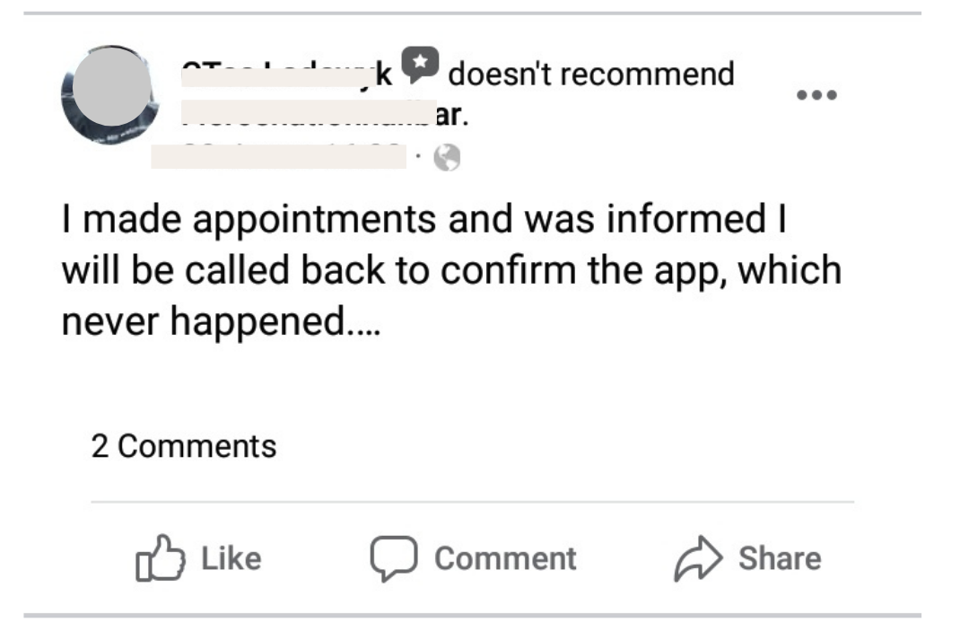 Facebook post that says I made appointments and was informed I will be called back to confirm the app, which never happened...