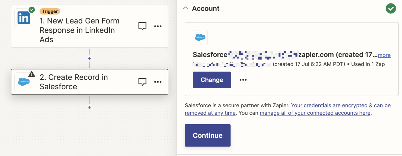A Salesforce account is shown selected in the Zap editor.