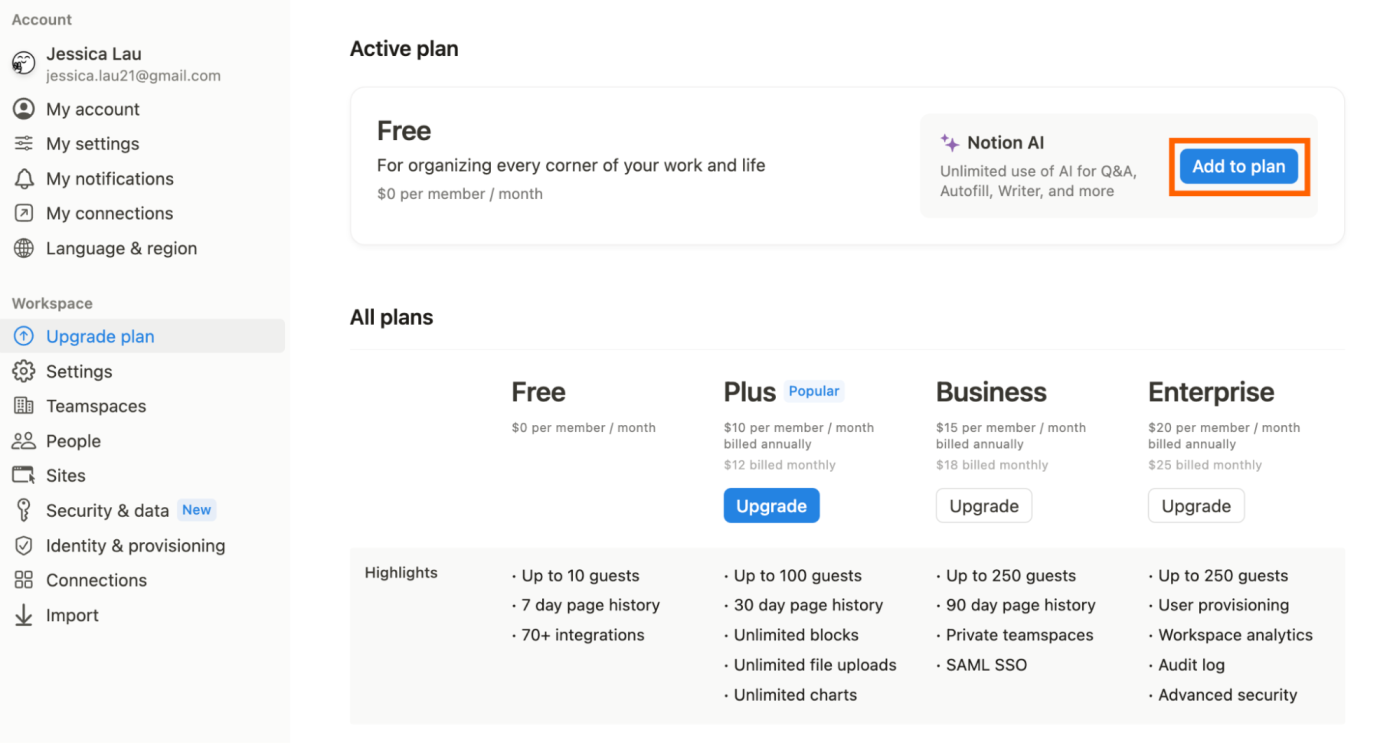 Notion's pricing page with the option to add Notion AI highlighted.