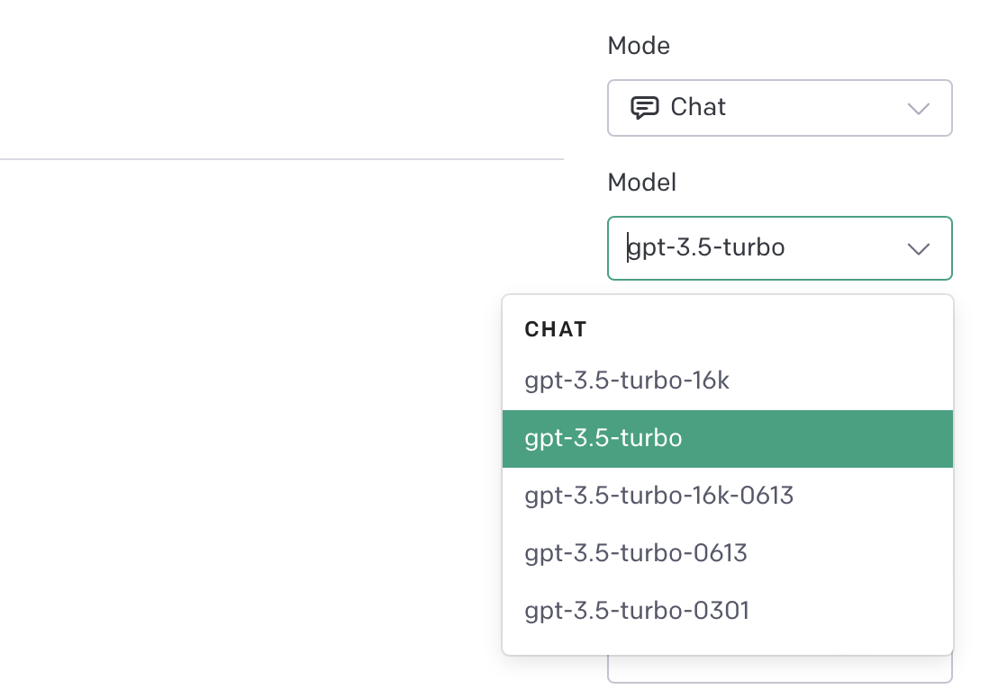 The OpenAI playground model options