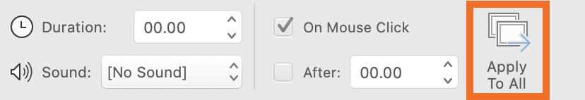 Toolbar options to choose a sound effect, transition duration, and whether the transition will trigger on a mouse click or after a certain number of seconds. Click Apply to All to add those settings to all your slides.