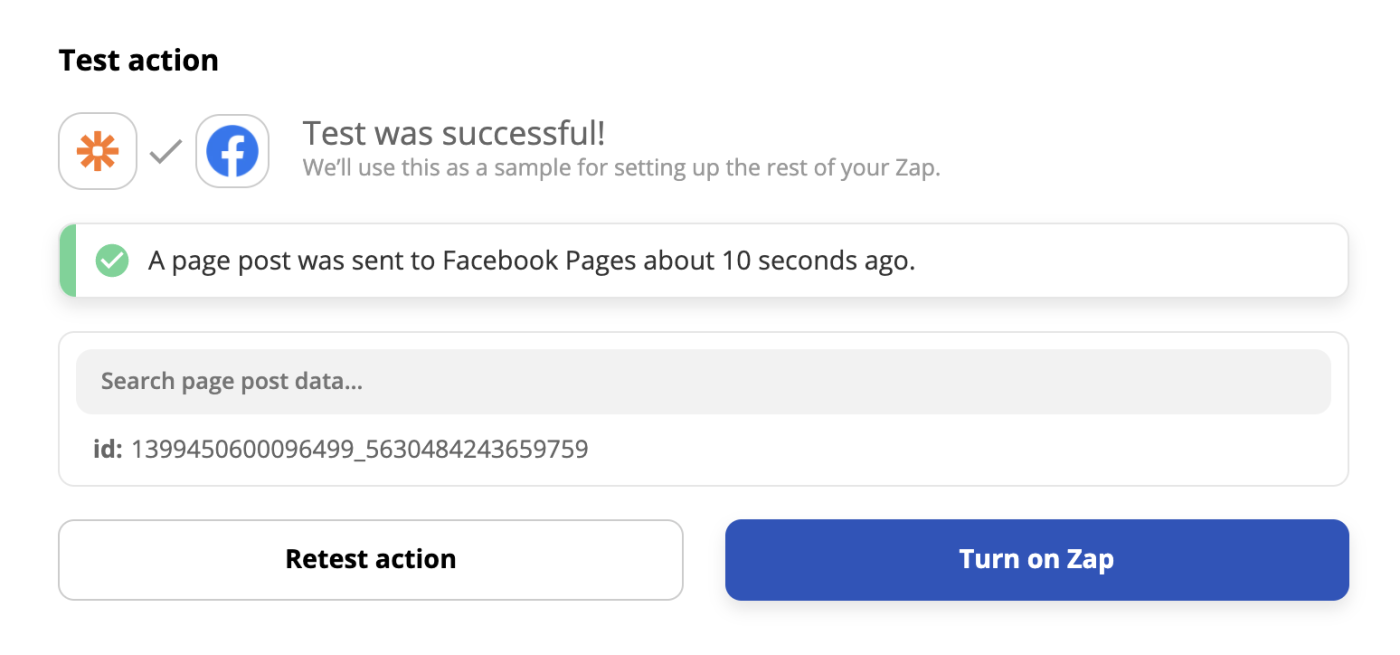 A successful test of Facebook Pages' New Page Post action in the Zap editor.