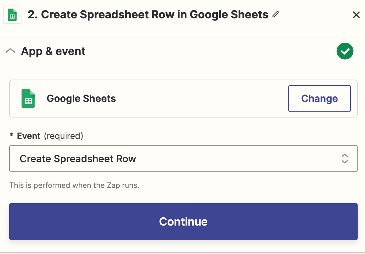 Screenshot of Google Sheets action in editor