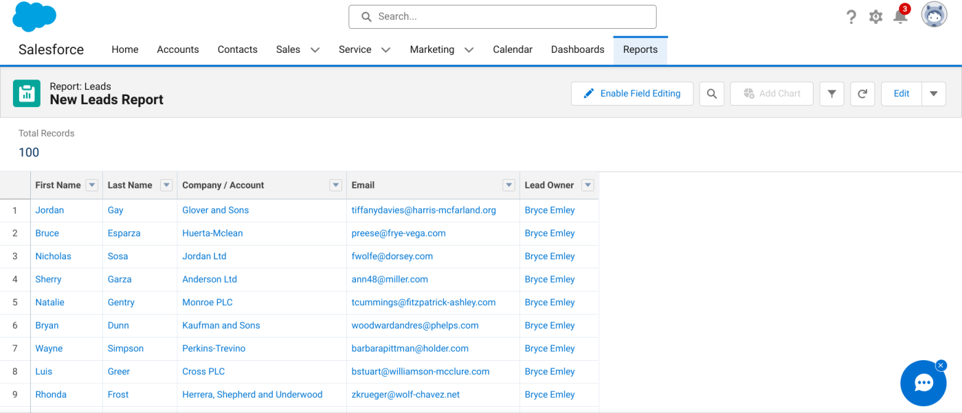 Screenshot of a basic tabular report in Salesforce, including fields for first and last name, company/account, email address, and lead owner