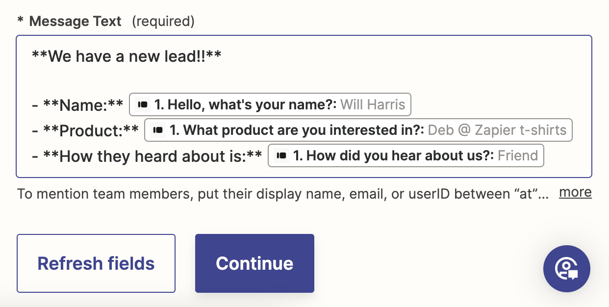 A screenshot of how a customized Microsoft Teams message looks in the Zapier editor.