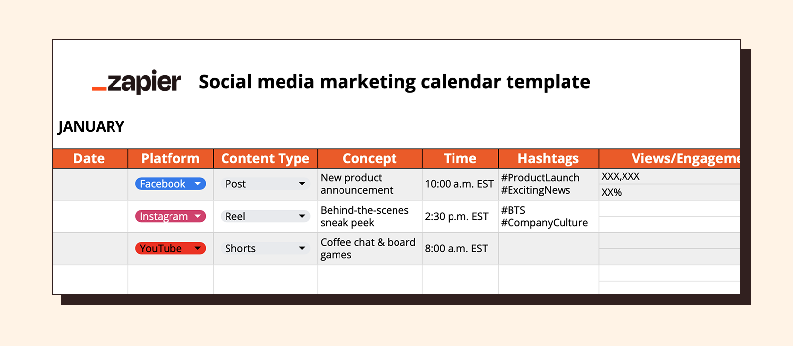 Screenshot of the Zapier social media marketing calendar template