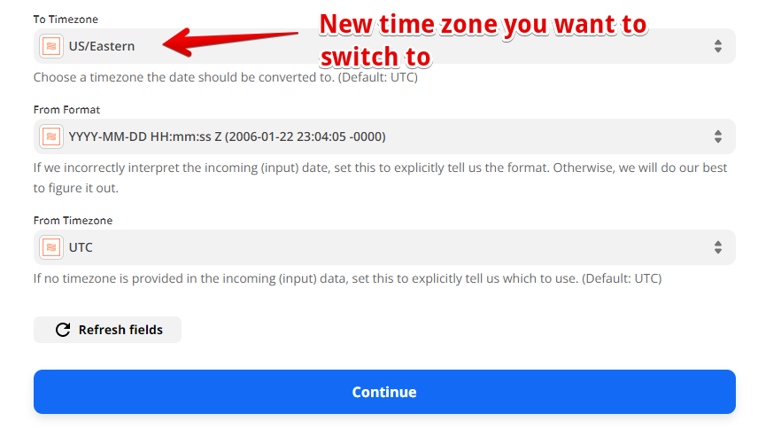The text To Timezone with a red arrow pointing to it with the text New time zone you want to switch to next to it
