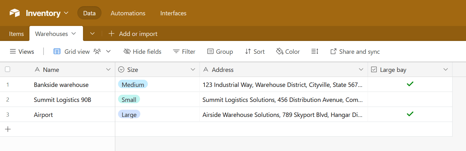 The warehouses table in Airtable