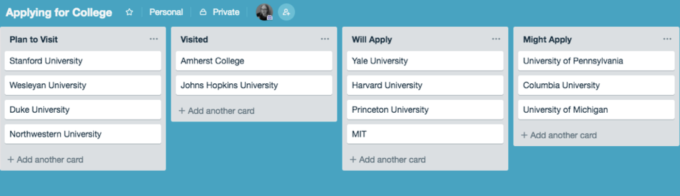 Trello college application board