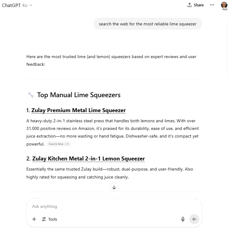 ChatGPT searching the web for the best lime squeezers