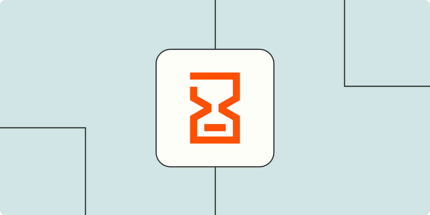 The logo for Delay by Zapier—which looks like an hourglass in an orange rectangle—inside a white square on a light orange rectangle.