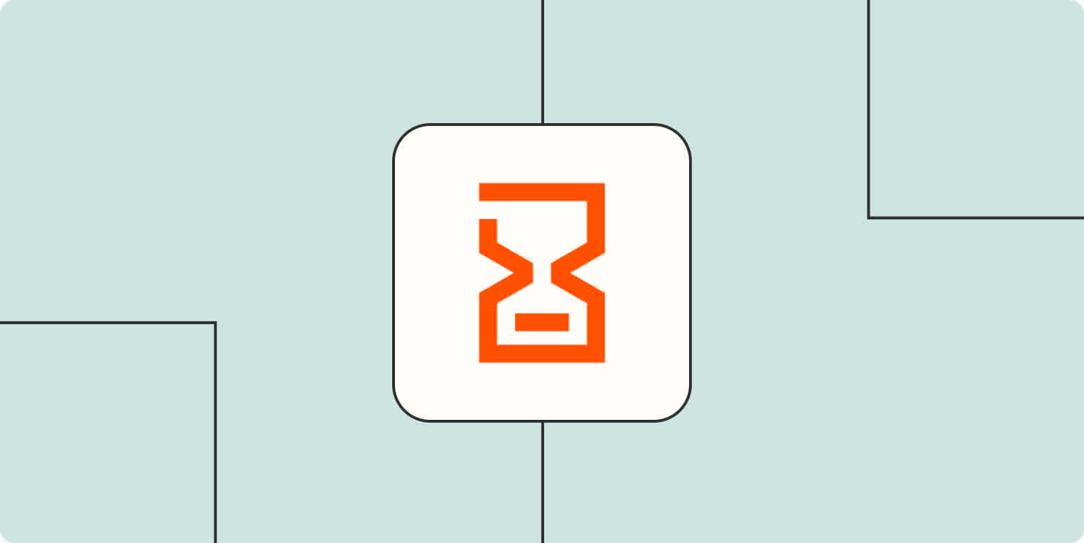 The logo for Delay by Zapier—which looks like an hourglass in an orange rectangle—inside a white square on a light orange rectangle.