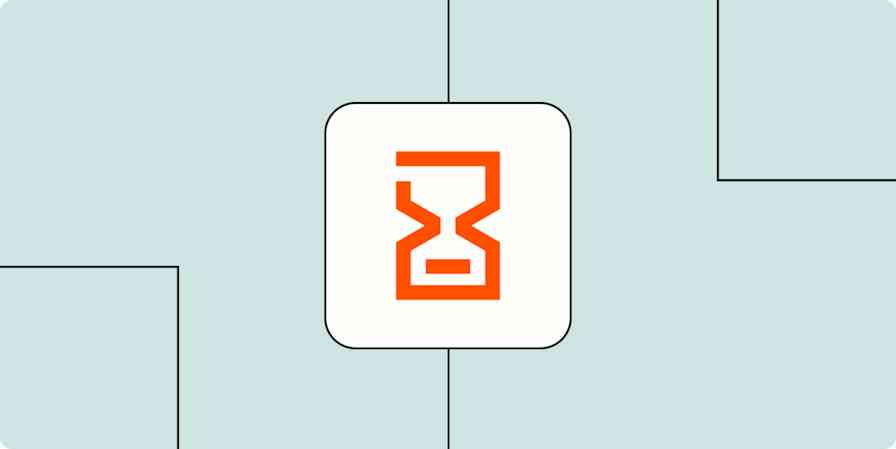 The logo for Delay by Zapier—which looks like an hourglass in an orange rectangle—inside a white square on a light orange rectangle.