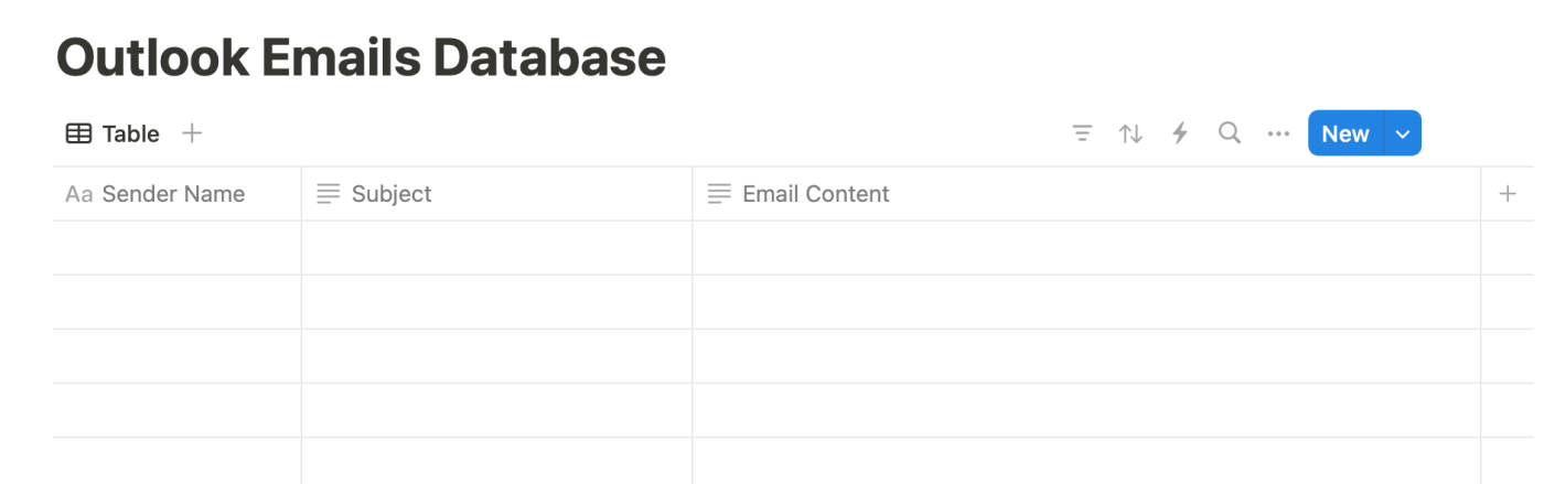 A Notion Database called Outlook Emails Database.