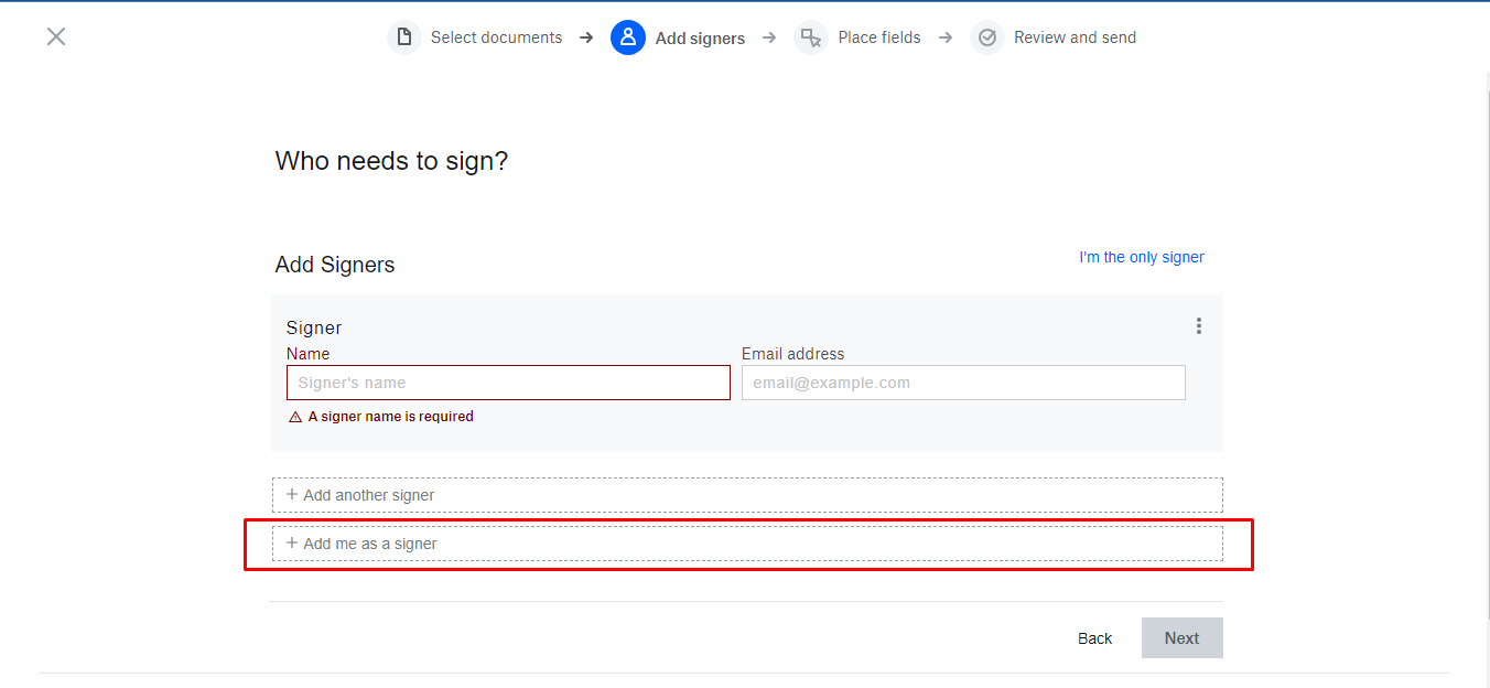 HelloSign's interface for requesting a signature.