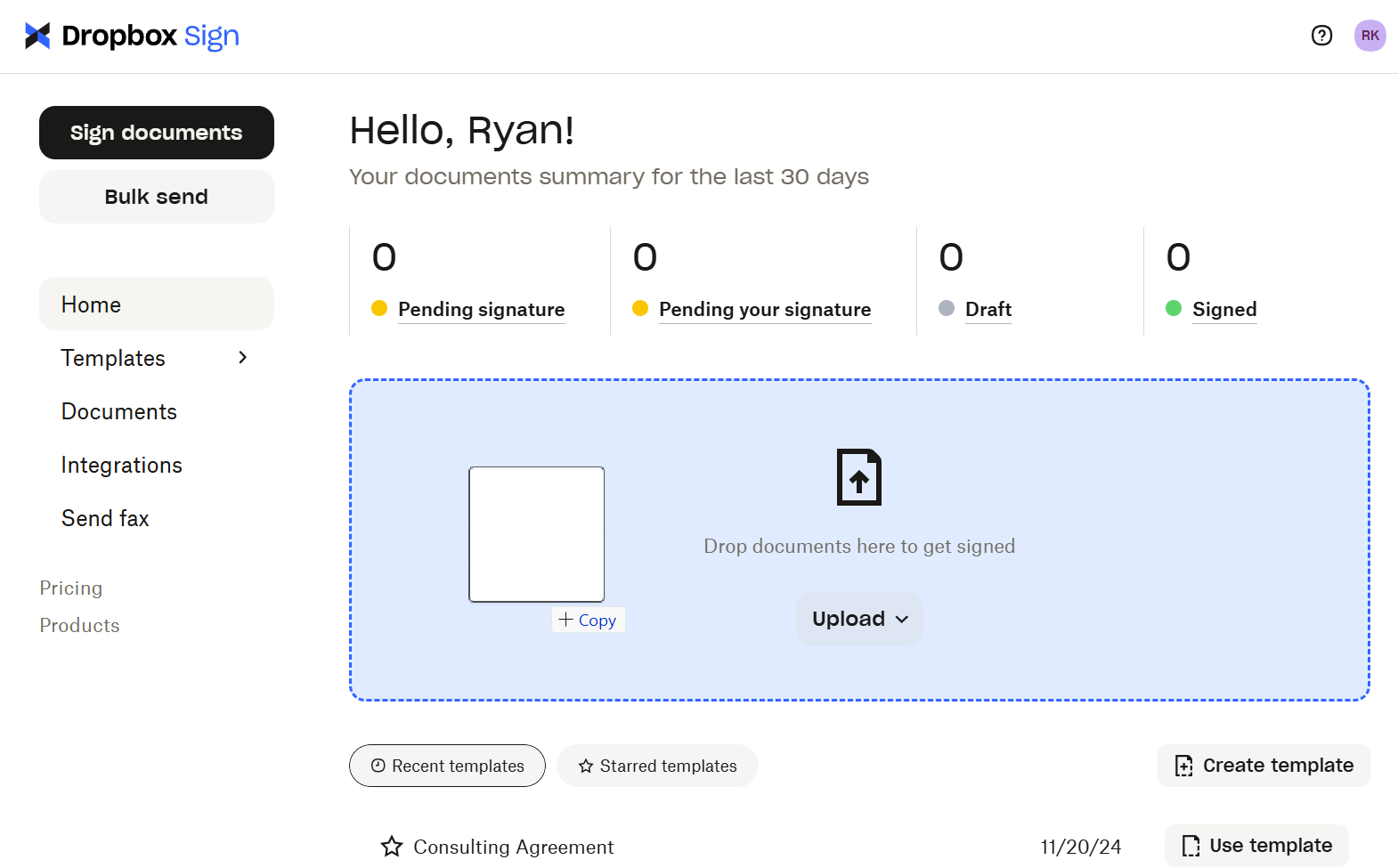 Dropbox Sign's interface for uploading a document