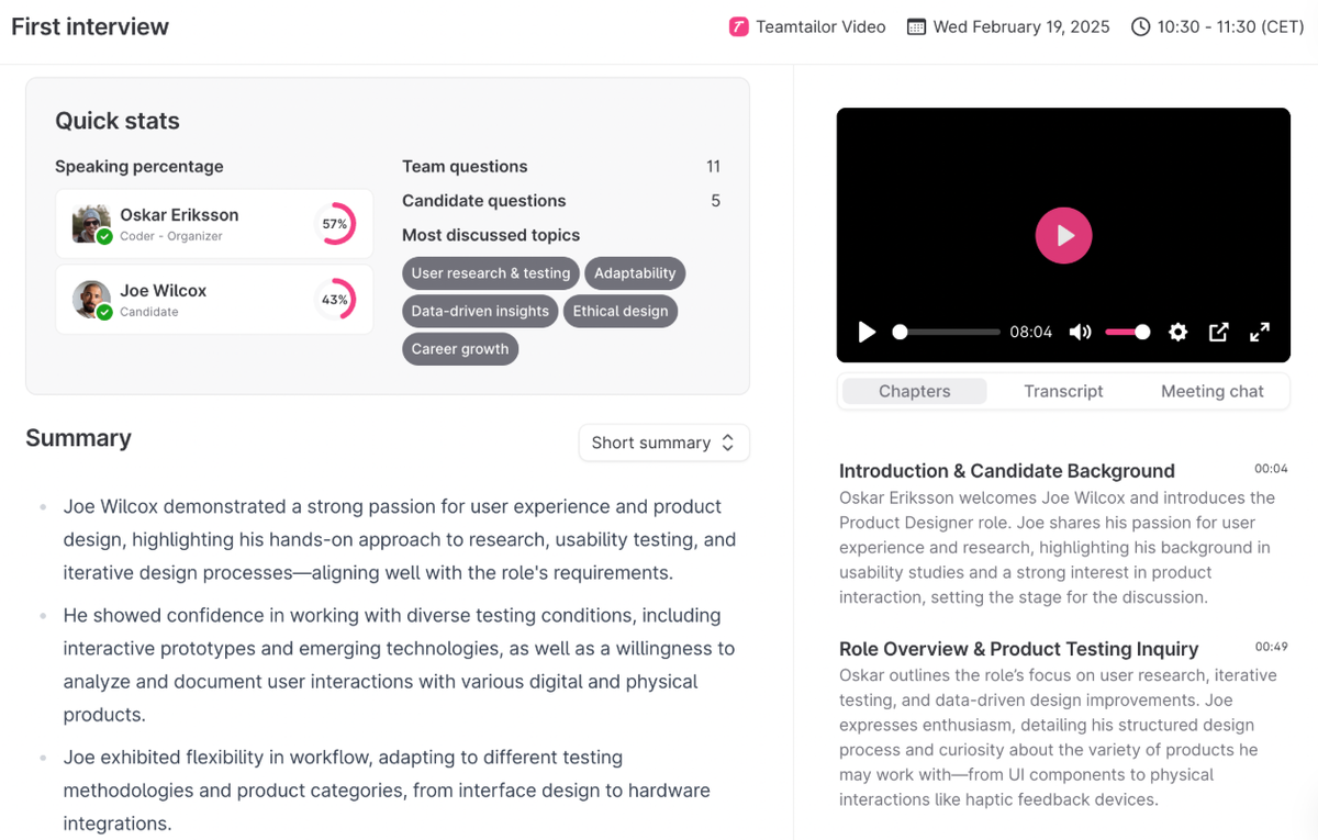 The Teamtailor dashboard interface for an interview summary for candidate Joe Wilcox.