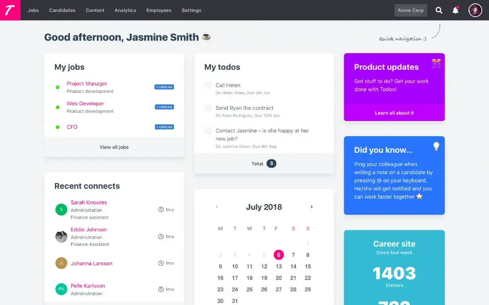 The dashboard interface for Jasmine Smith on the recruitment platform, Teamtailor.