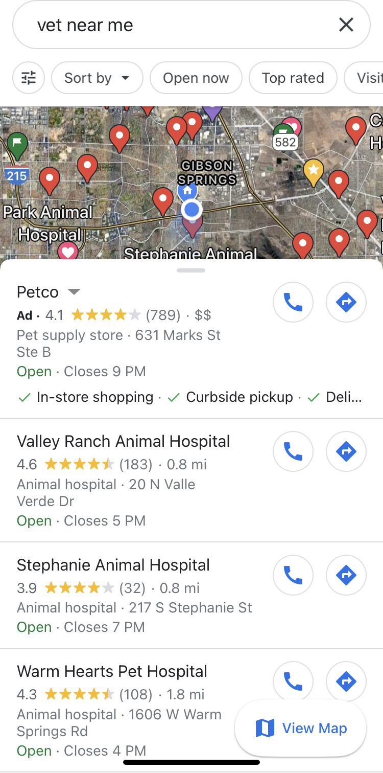 The Google Maps results for "vet near me"
